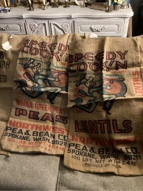 Vintage 'Speedy Cook'n' Printed Burlap Sacks - Peas & Lentils set of 2